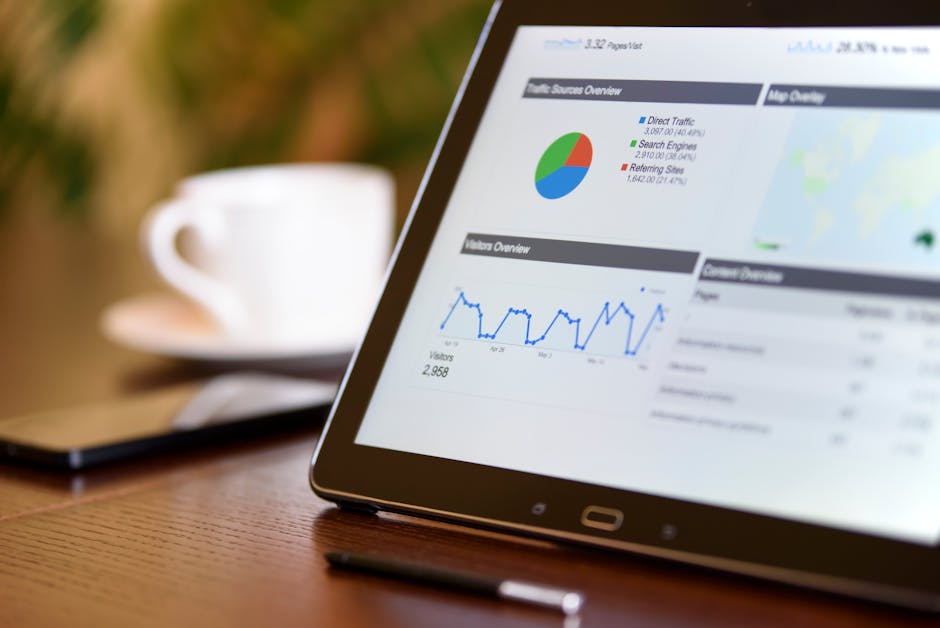 custom software vs off the shelf - Close-up of a tablet displaying analytics charts on a wooden office desk, alongside a smartphone and coffee cup.
