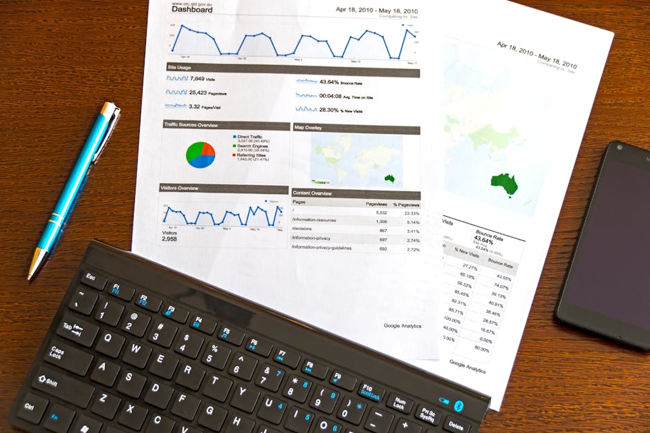 digital transformation small business - Flatlay of a business analytics report, keyboard, pen, and smartphone on a wooden desk.